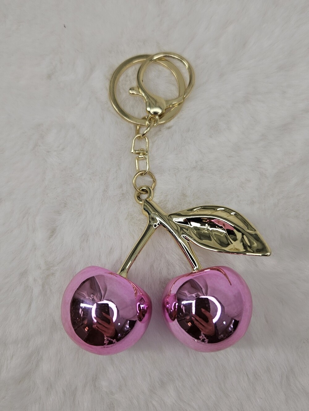 Pink Chrome Metallic Cherry Keychain Purse Charm NWOT - Picture 2 of 4